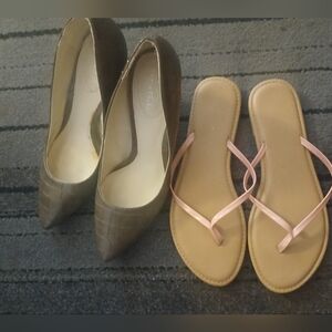 BUNDLE OF 1 PAIR GRAY SNAKE SKIN HEELS 1 PAIR TAN/PINK SANDELS BOTH SZ.7.5